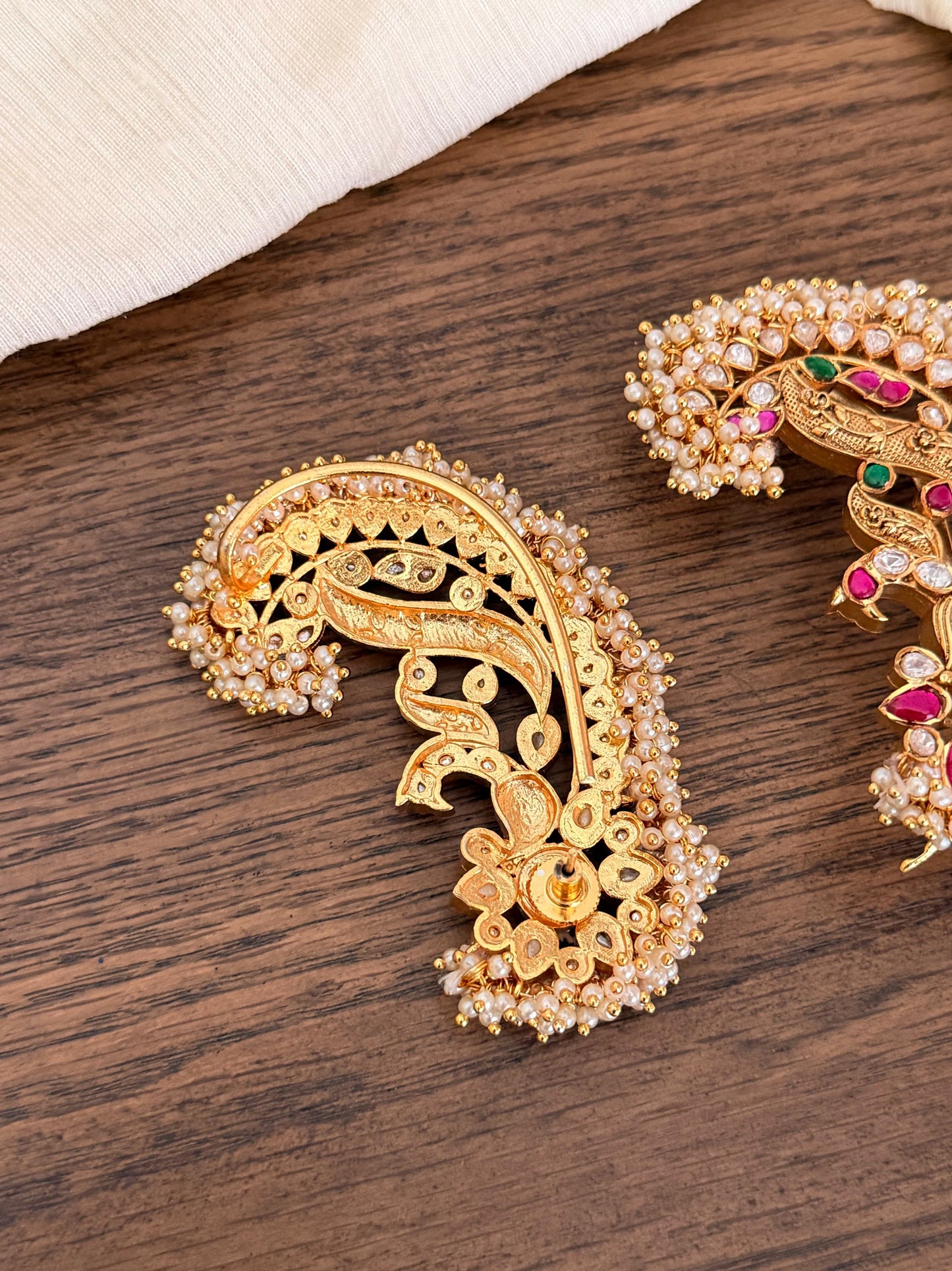 Luxury Jadau Kundan Ear Cuff Earrings with Pearls | Royal Peacock Design