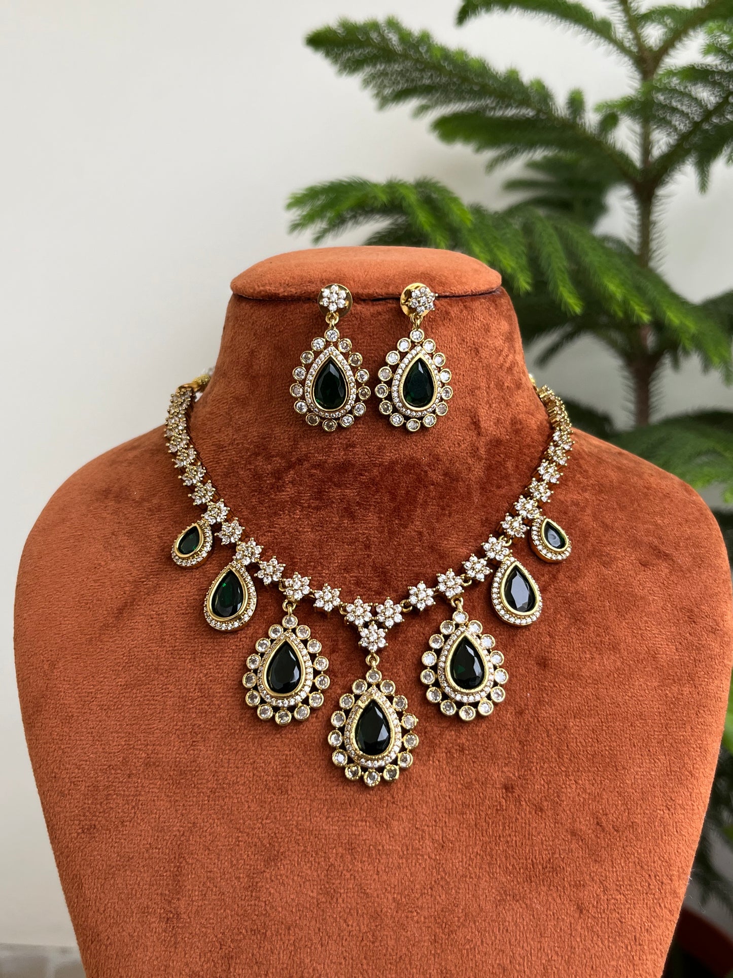 Green Stone Drop Necklace Set with Earrings | American Diamond Jewellery