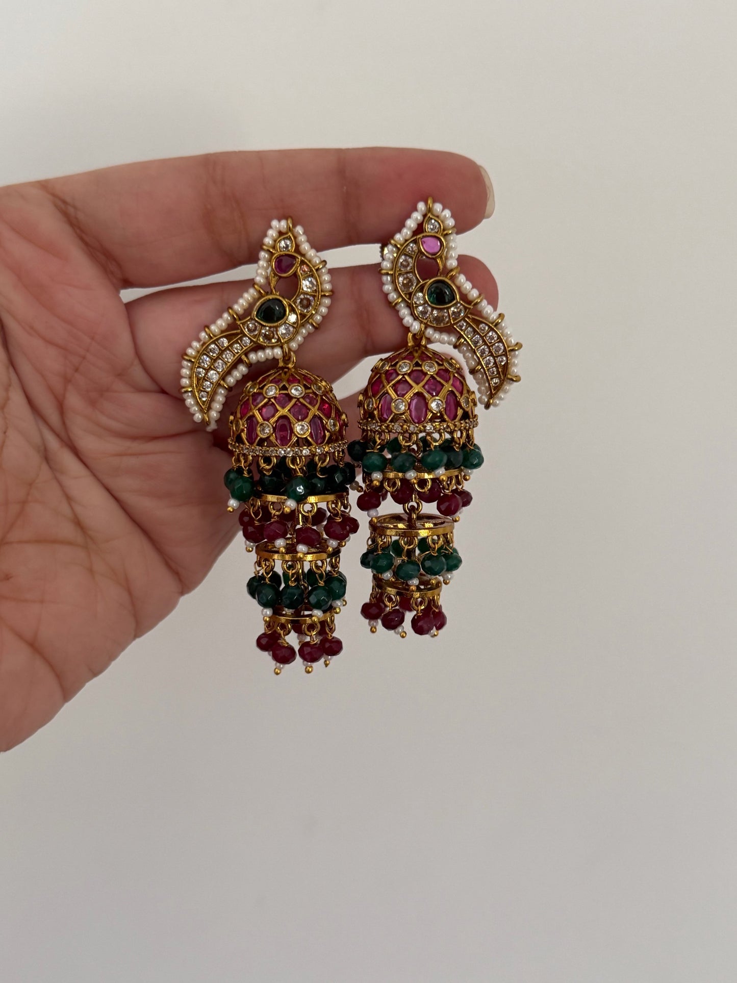 Traditional Kemp Peacock Earrings with Ruby & Emerald Beads