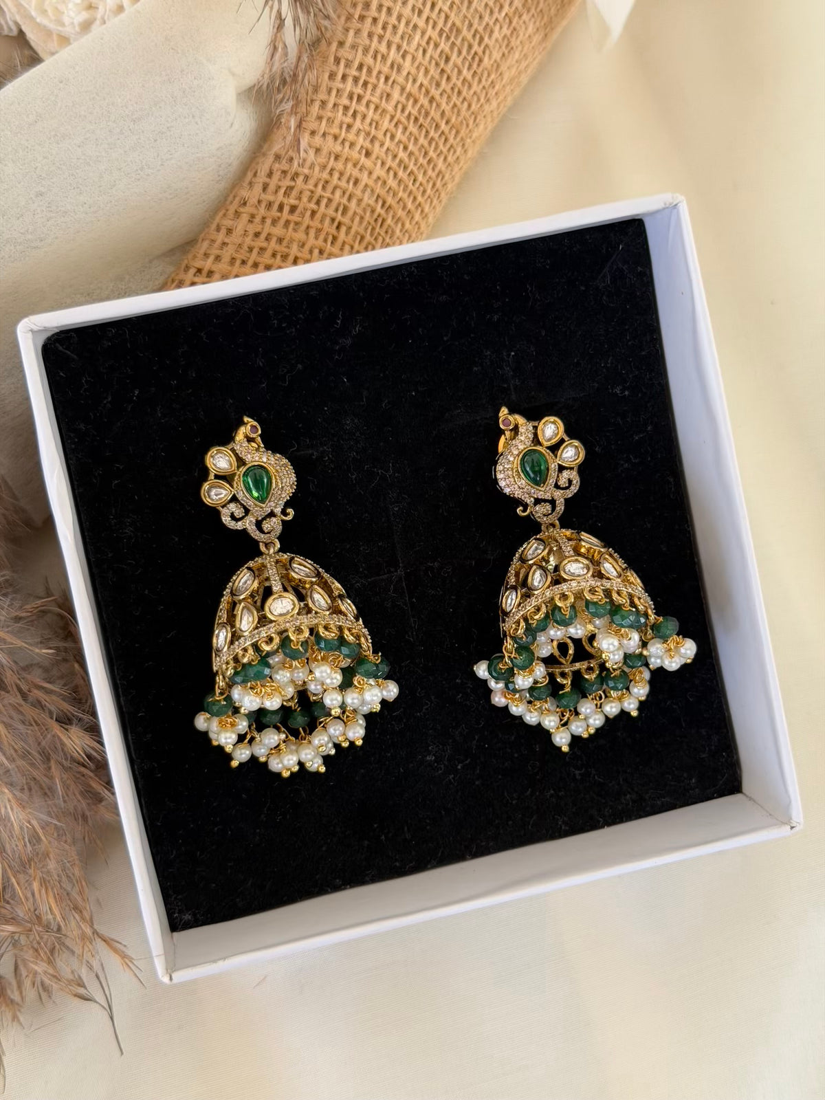 Emerald Bead Kundan Peacock Jhumka Earrings with Zircon Dome