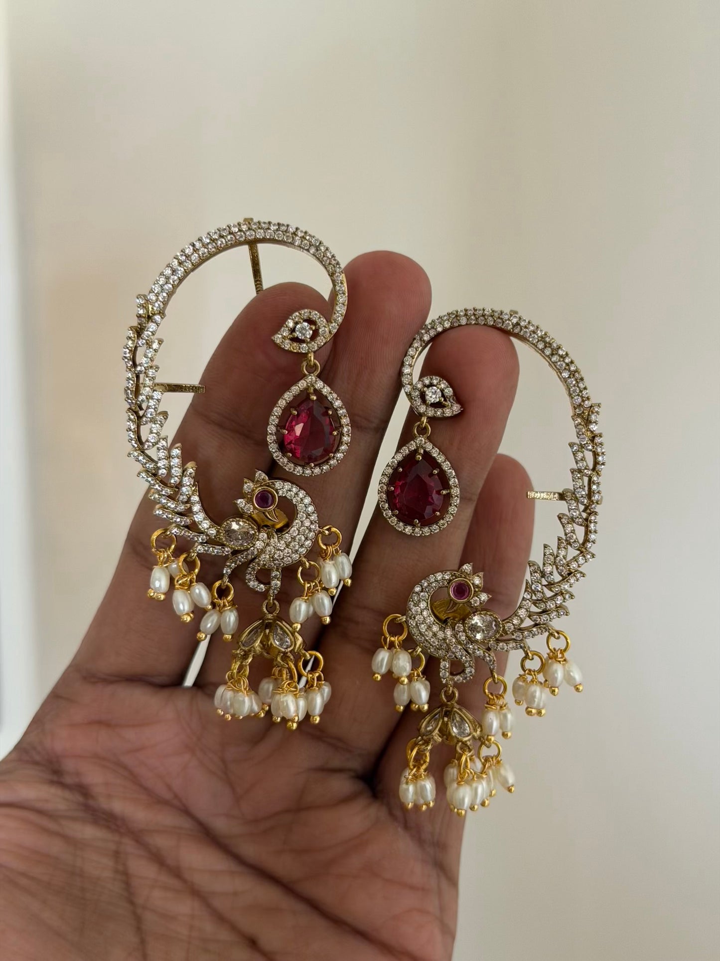 Luxury Peacock Earcuff Earrings with Premium Finish AD Stones