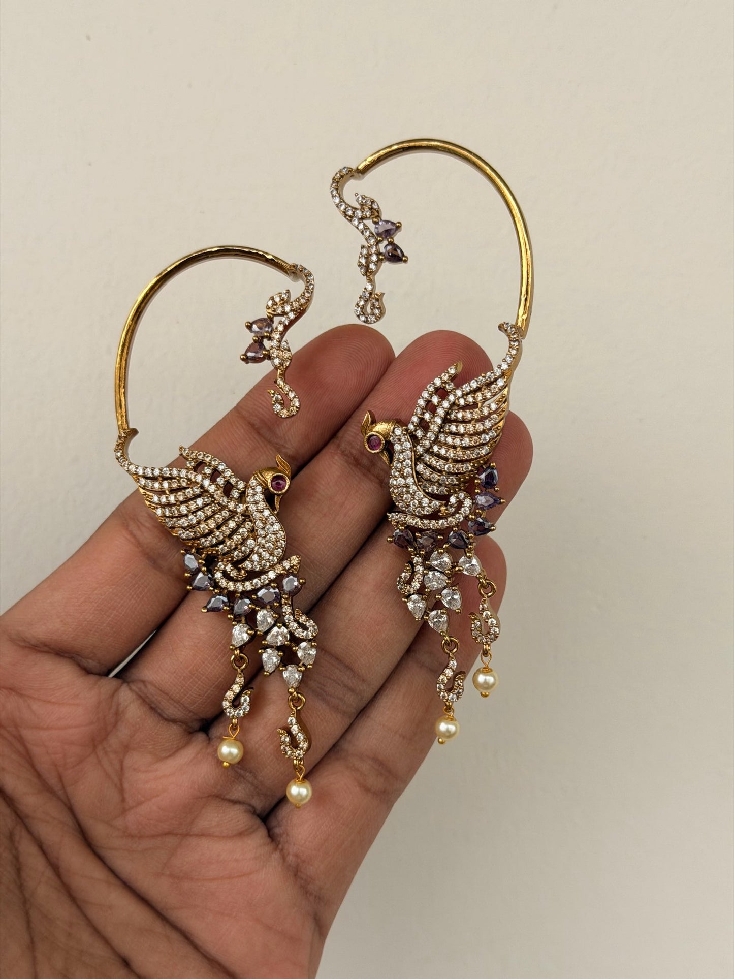 Majestic Bird Statement Ear Cuffs | Crystal Pave & Pearl Bridal Earrings