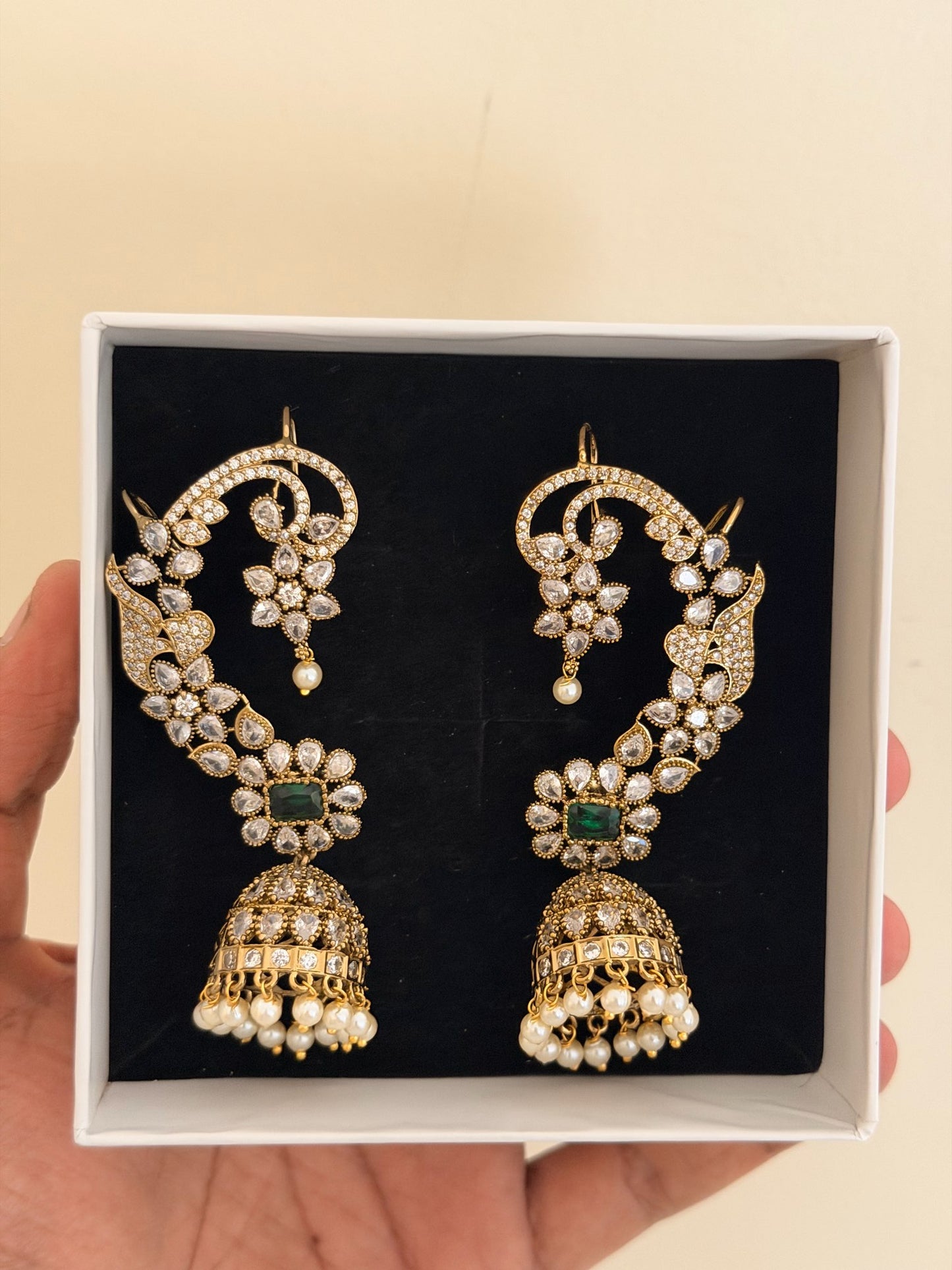 Moissanite Floral Earcuff Jhumka Earrings with Pearls (Ruby & Green)