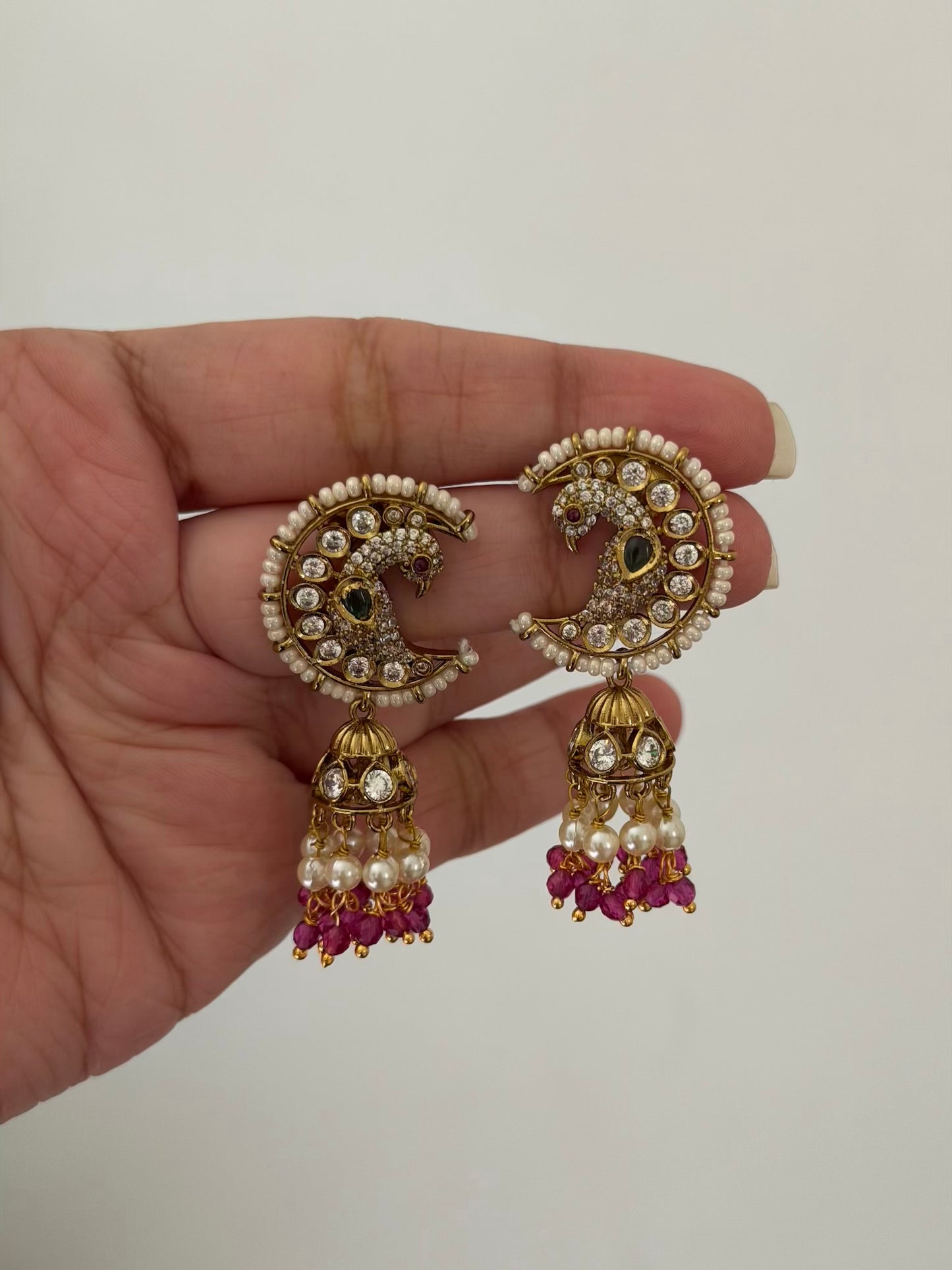Moon Shaped Peacock Jhumka Earrings