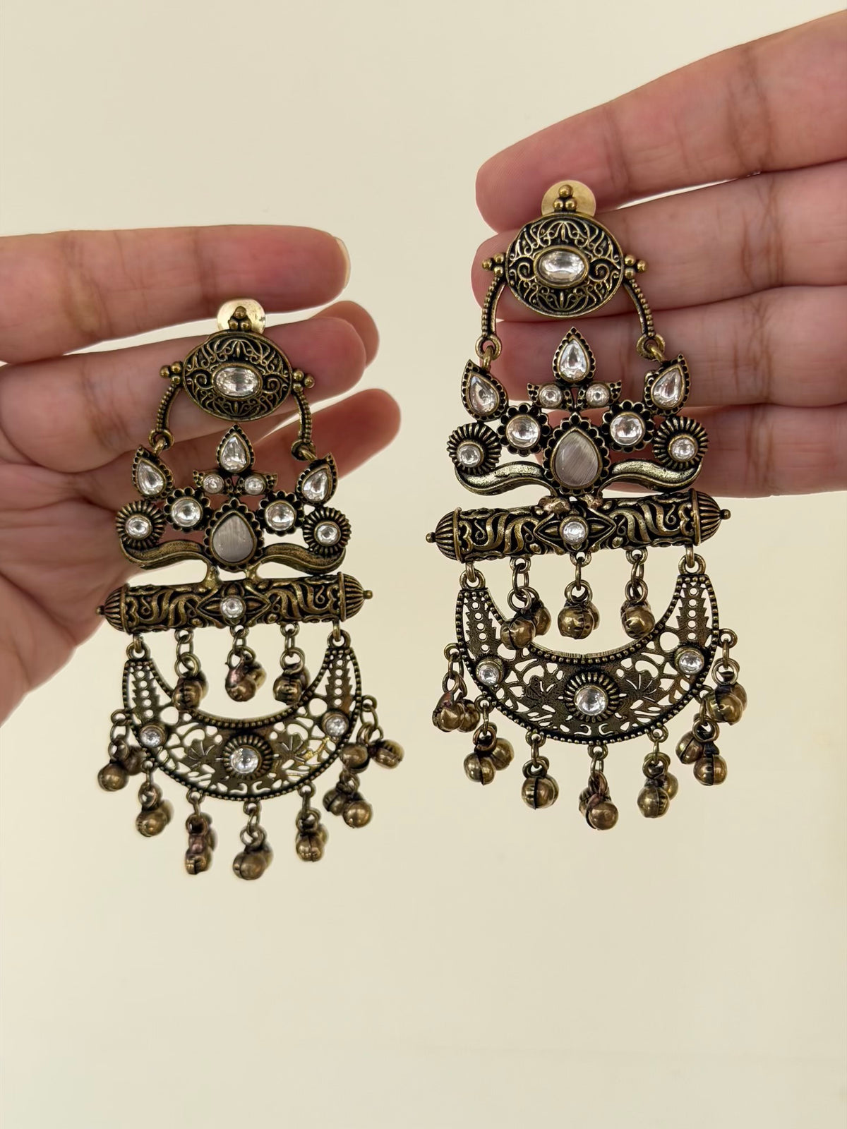 Oxidised Two-Tier Ghungroo Chaandbali Earrings with Kundan Stones