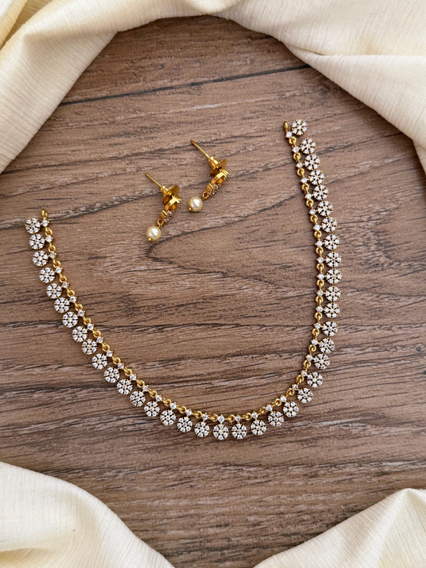 Delicate American Diamond Floral Necklace Set with Pearl Drop Earrings