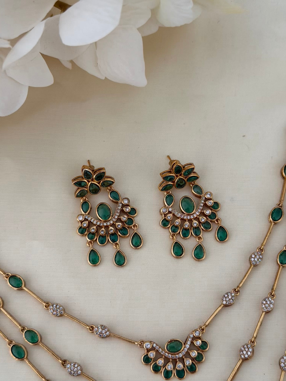 Emerald Green Layered Long Necklace Set with CZ Accents and Drop Earrings