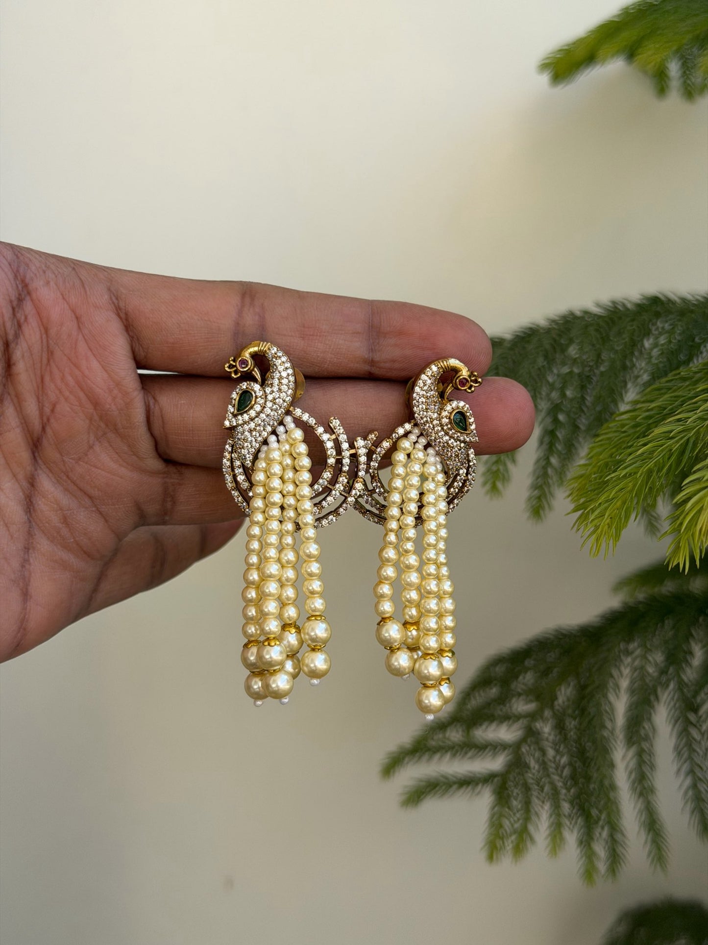 Royal Peacock Pearl Guchha Earrings with CZ Accents and Emerald Inlay