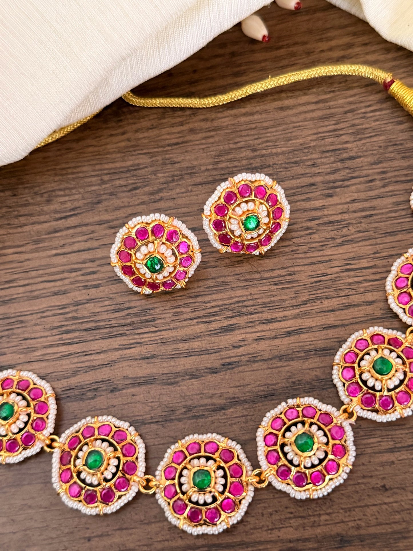 Jadau Kundan Necklace Set with Intricate Micro-Pearl Border & Floral Medallions