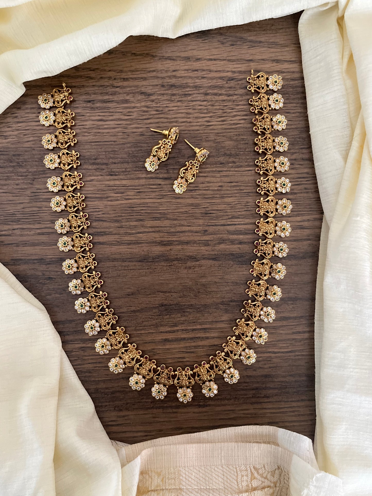 Traditional Lakshmi Floral Haram Necklace Set with Earrings & Bracelet | South Indian Imitation Jewellery