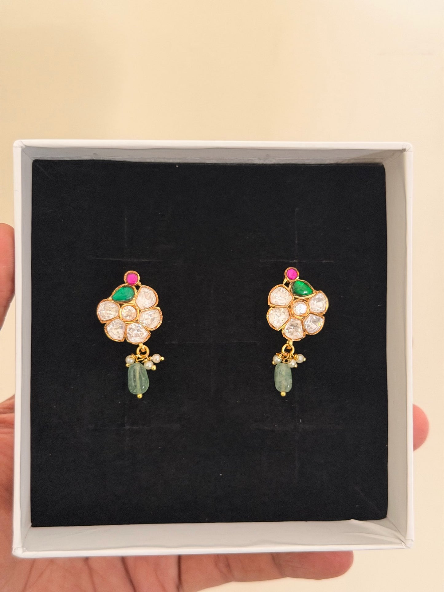Gold White Stone Chandelier Drop Earrings
