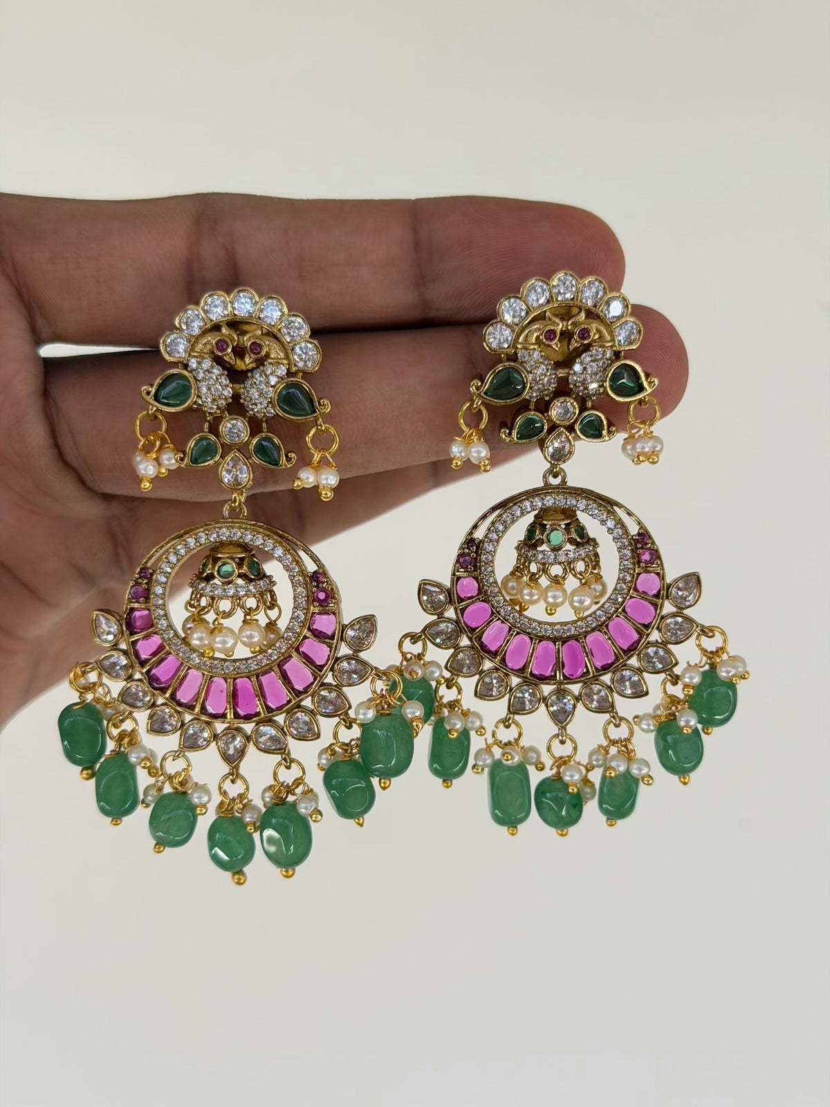 Twin Peacock Stud Chaandbali Earrings with Ruby Crescent and Jade Beads