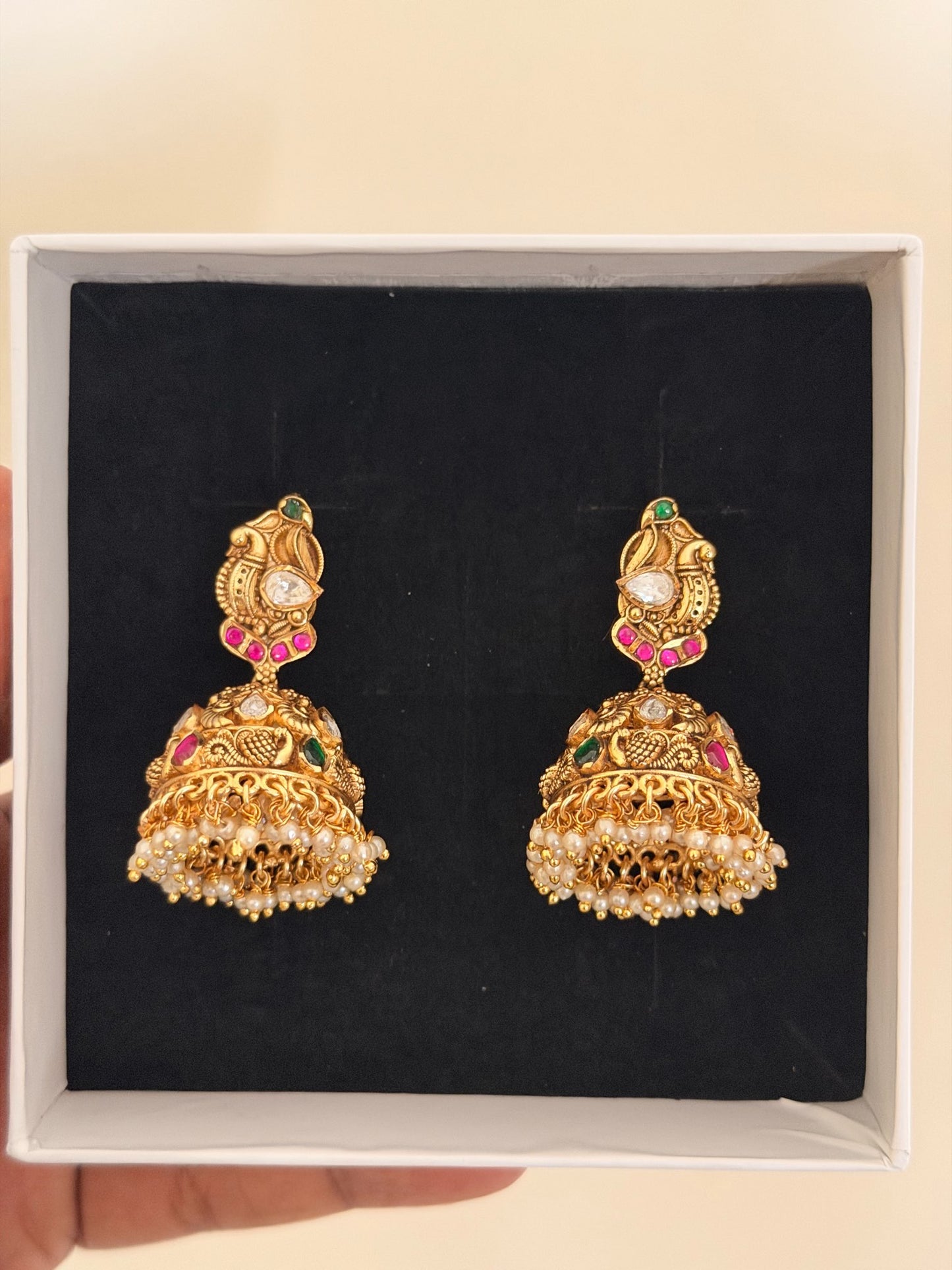 Golden Bell Jhumka Earrings with Pearl Drops