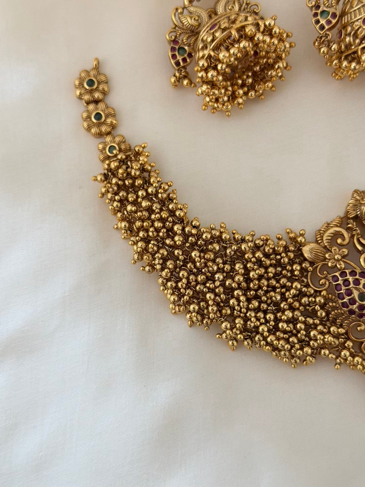 Nakshi Gold Bead Cluster Choker Set with Lakshmi Peacock Pendant and Jhumka Earrings
