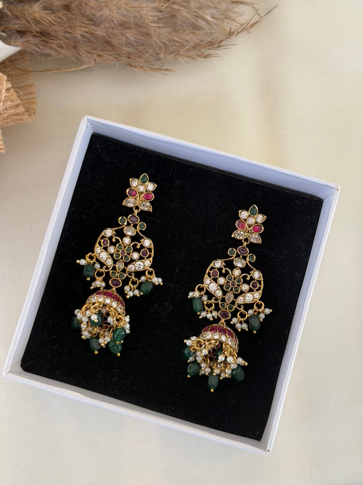 Ruby Emerald Jhumka Earrings with Filigree Medallion