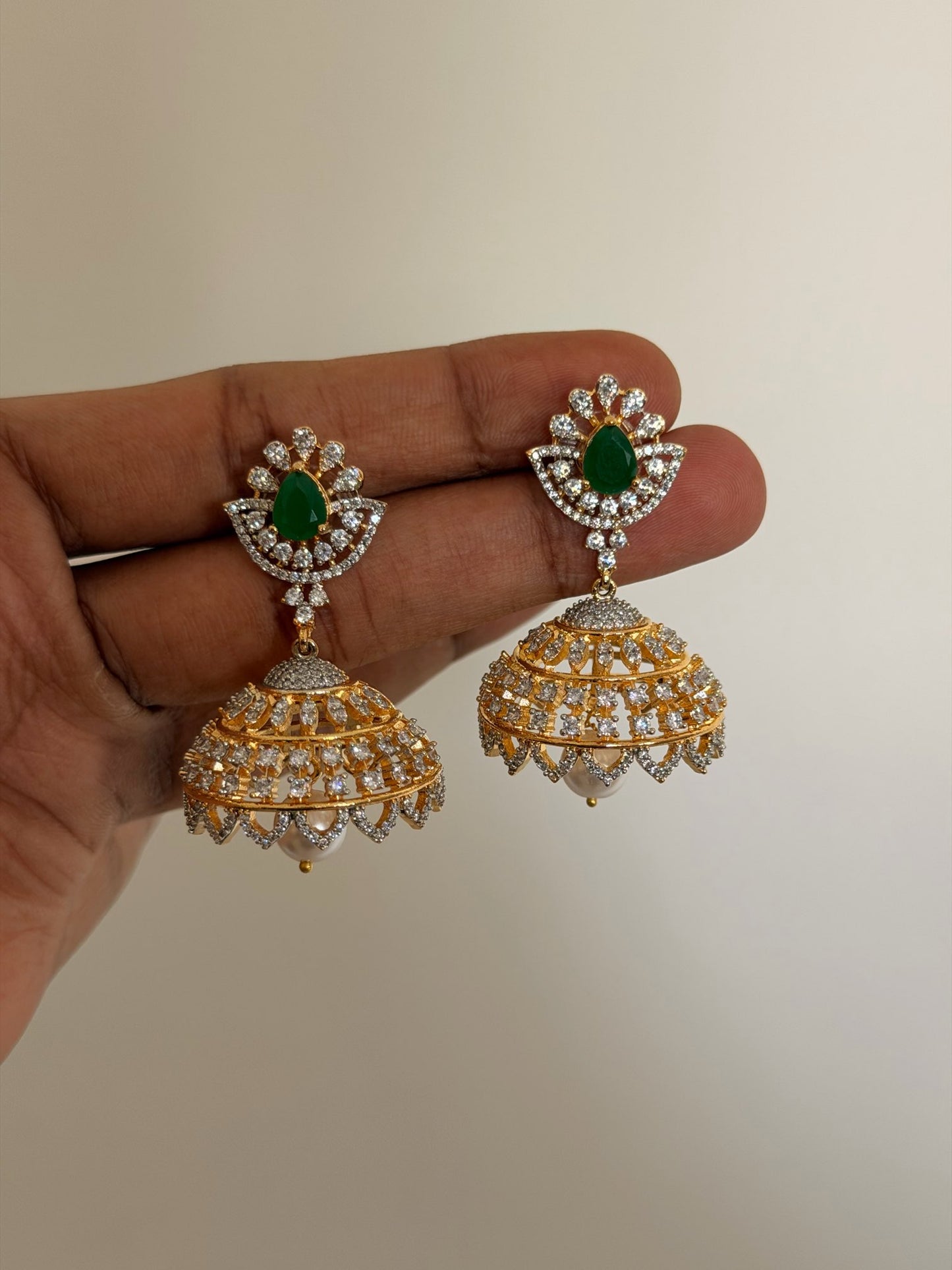 Emerald Crown Diamond-Look Bridal Jhumka Earrings