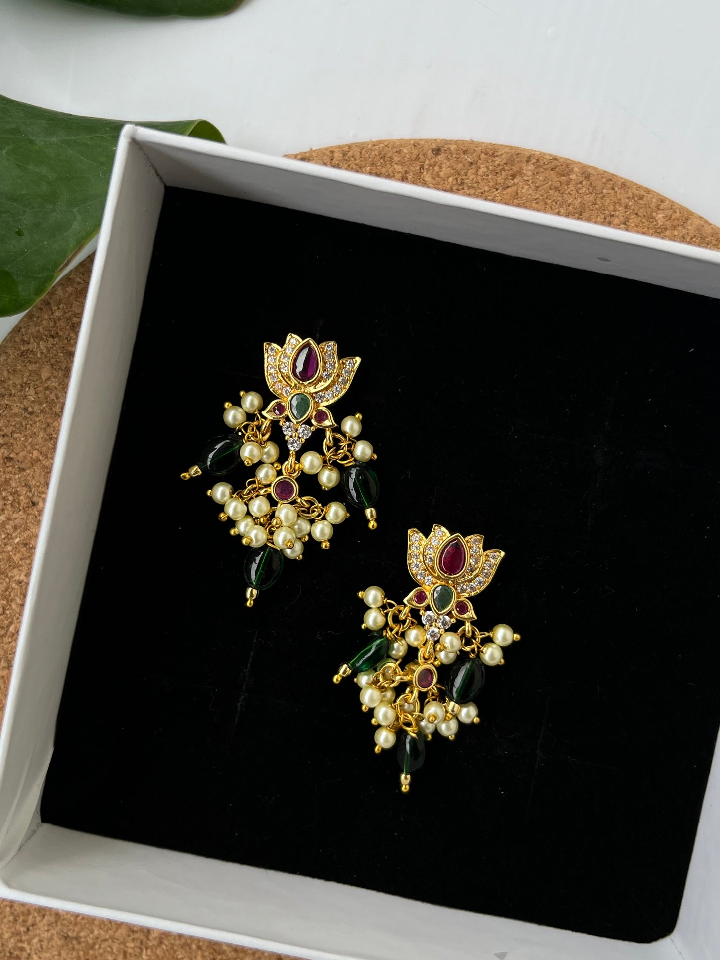 Lotus Hangings Earrings with pearls and green beads