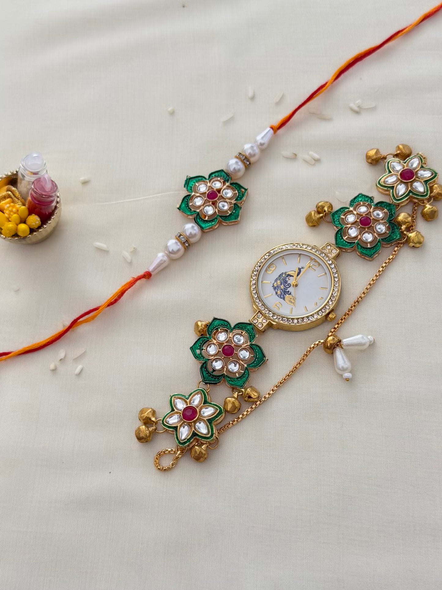 Green Kundan Rakhi & Peacock Dial Bracelet Watch Combo – All Green Floral