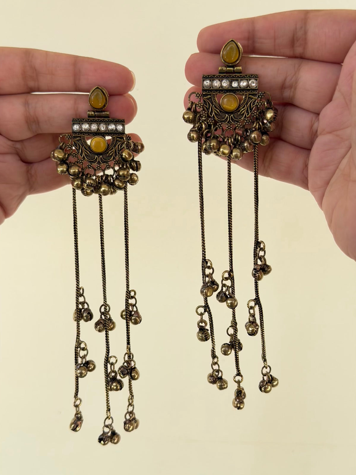 Oxidised Fan Medallion Long Chain Earrings with Ghungroo Tassels