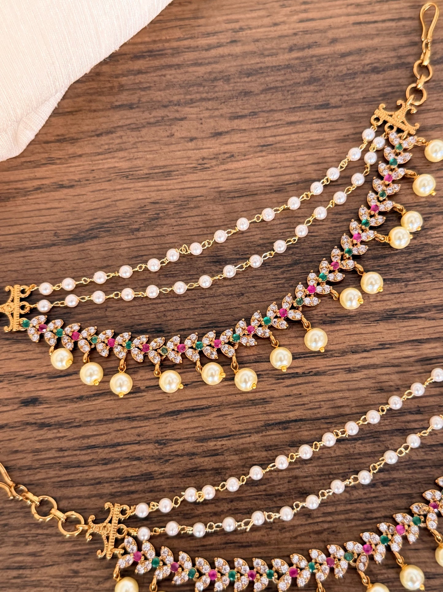 Multicolour Pearl Champa Swaralu (Ear Chain) – Antique Gold Finish