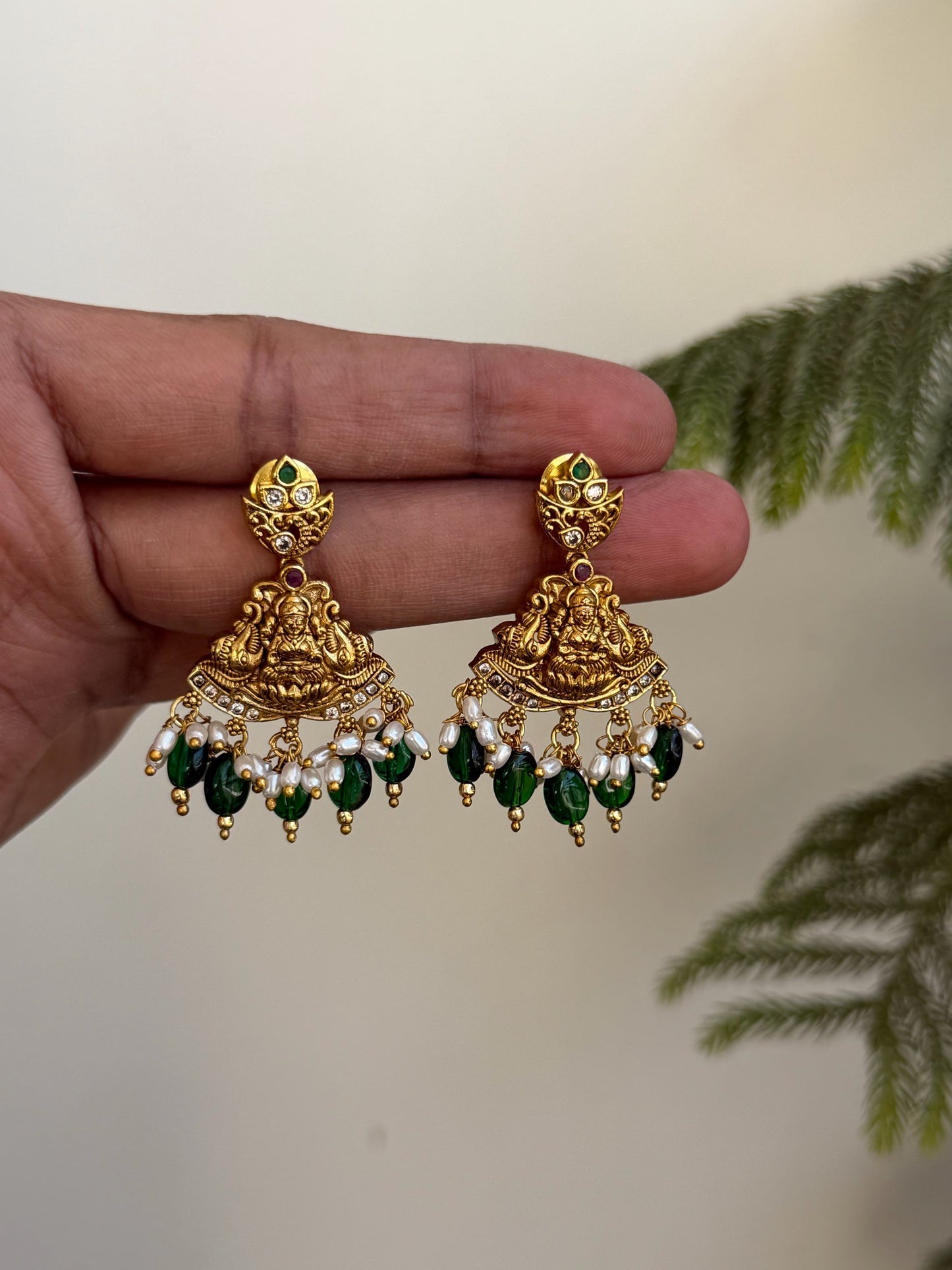 Antique Temple Jewelry Earrings with Goddess Lakshmi Motif | Traditional Ruby and Pearl Drop Earrings