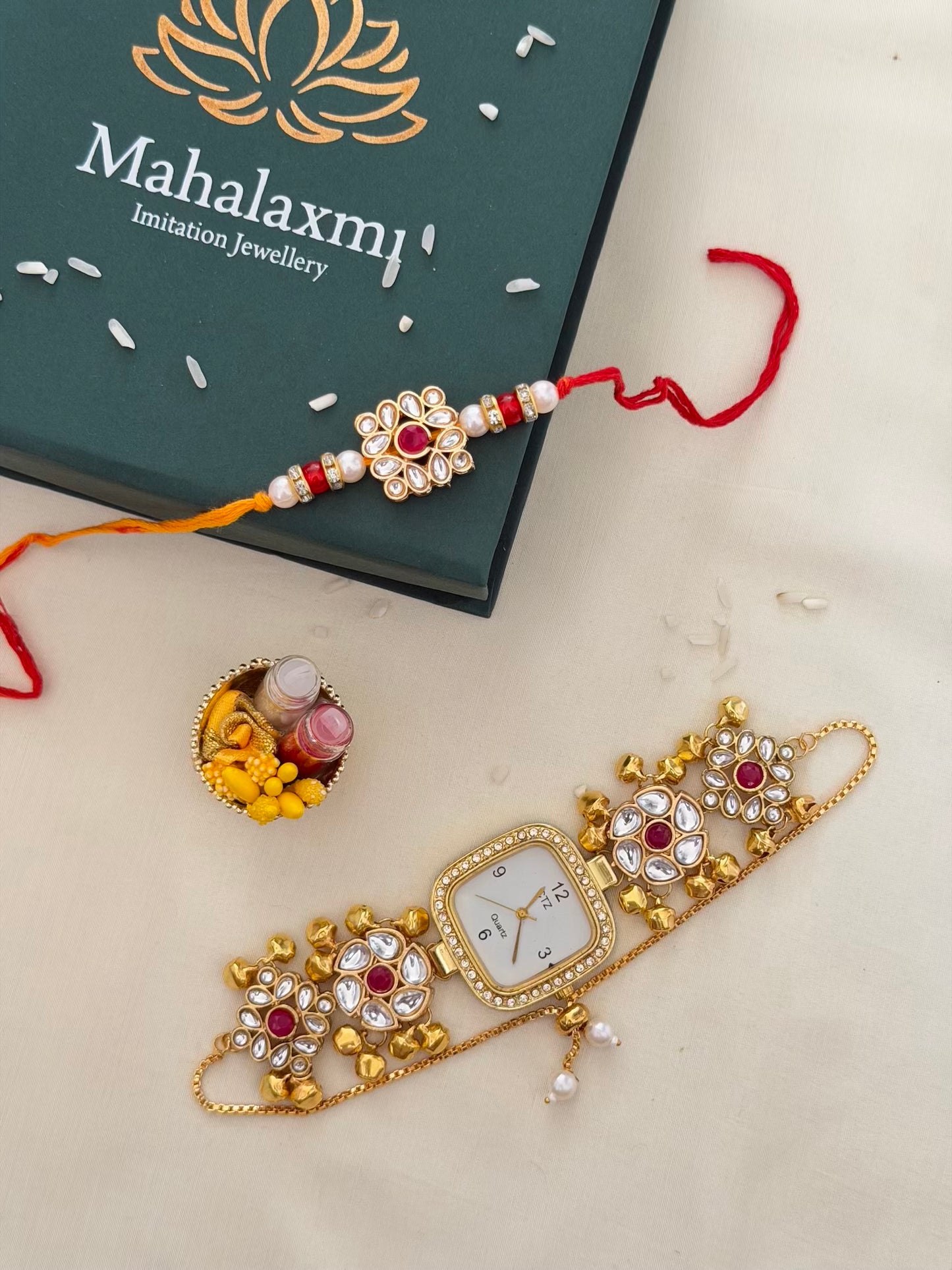 Kundan Rakhi & Square Dial Bracelet Watch Combo – White Stone Floral Design