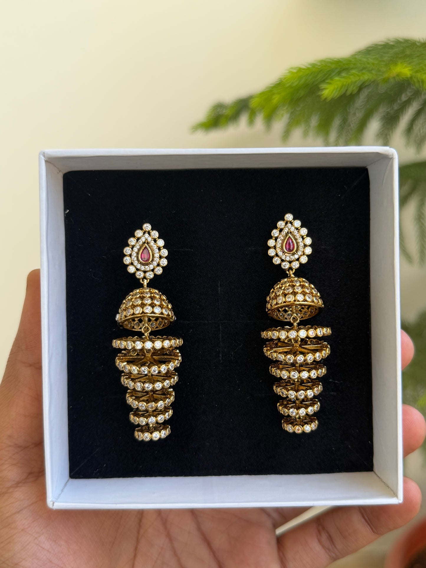 Modern Tiered Jhumka Earrings with AD Stones