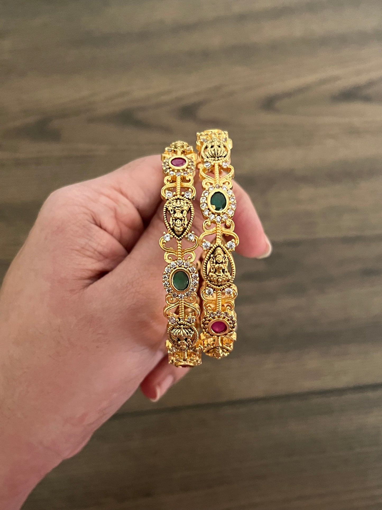 Antique Gold-Finish AD Stone Bangles Set | Temple Design