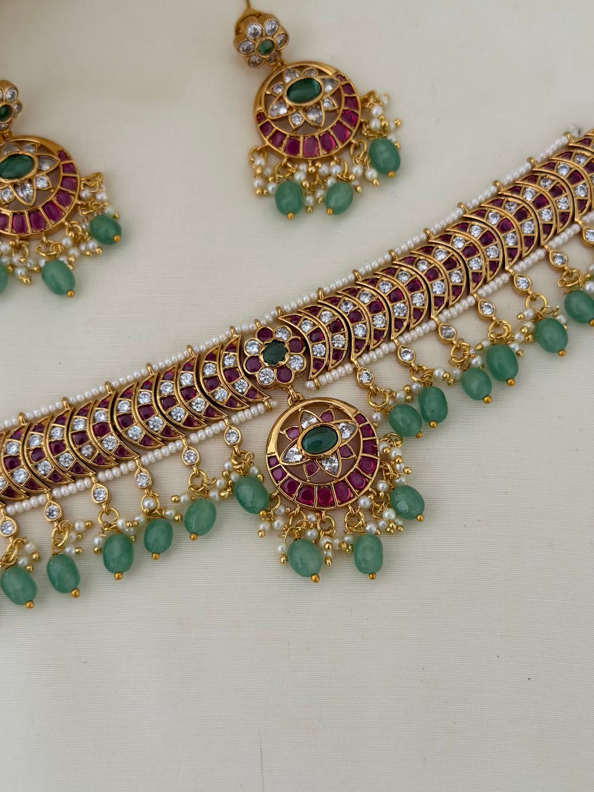 Kemp Crescent Choker Set with Mint Bead Fringe and Chaandbali Earrings
