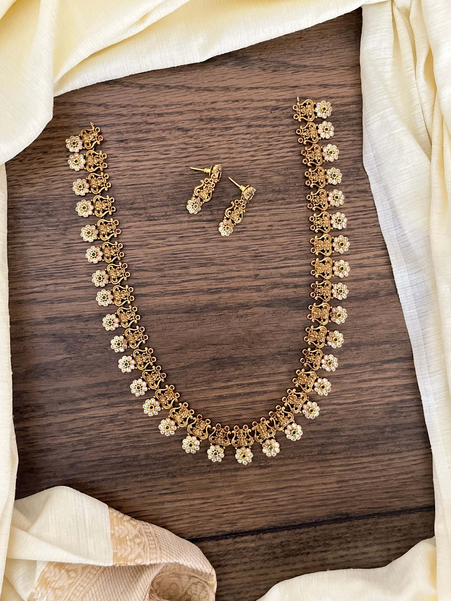 Traditional Lakshmi Floral Haram Necklace Set with Earrings & Bracelet | South Indian Imitation Jewellery