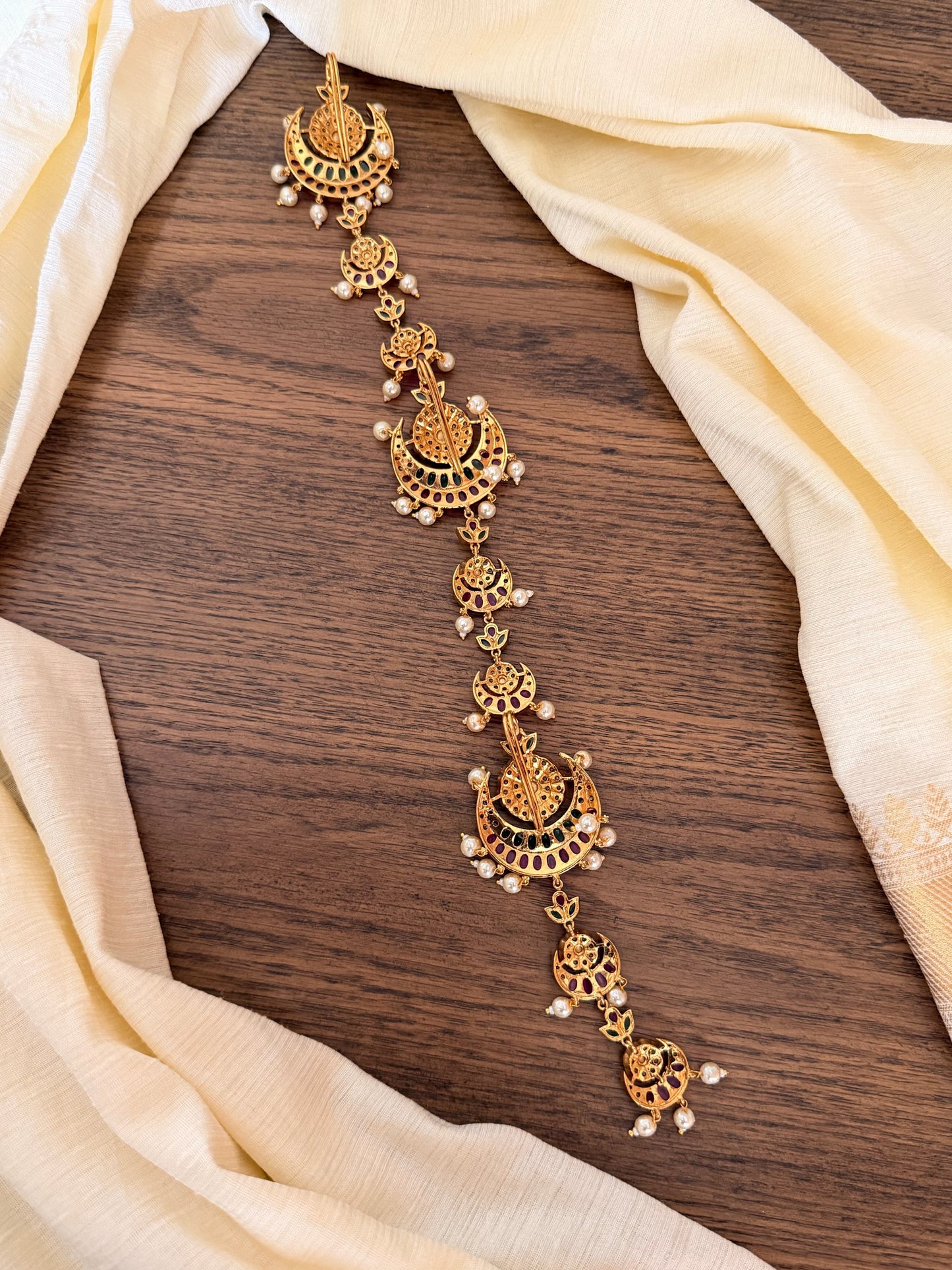 Traditional Gold-Look Long Jada with Pearl Drops & Temple Design | Bridal Hair Jewellery | MIJ Jewels