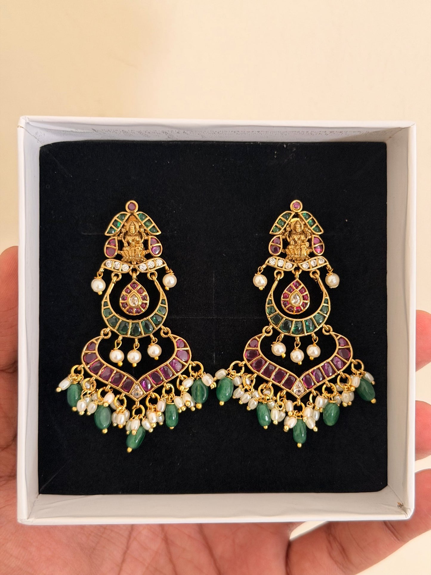 Tiered Kemp Stone Lakshmi Devi Chaandbali Earrings with Pearls