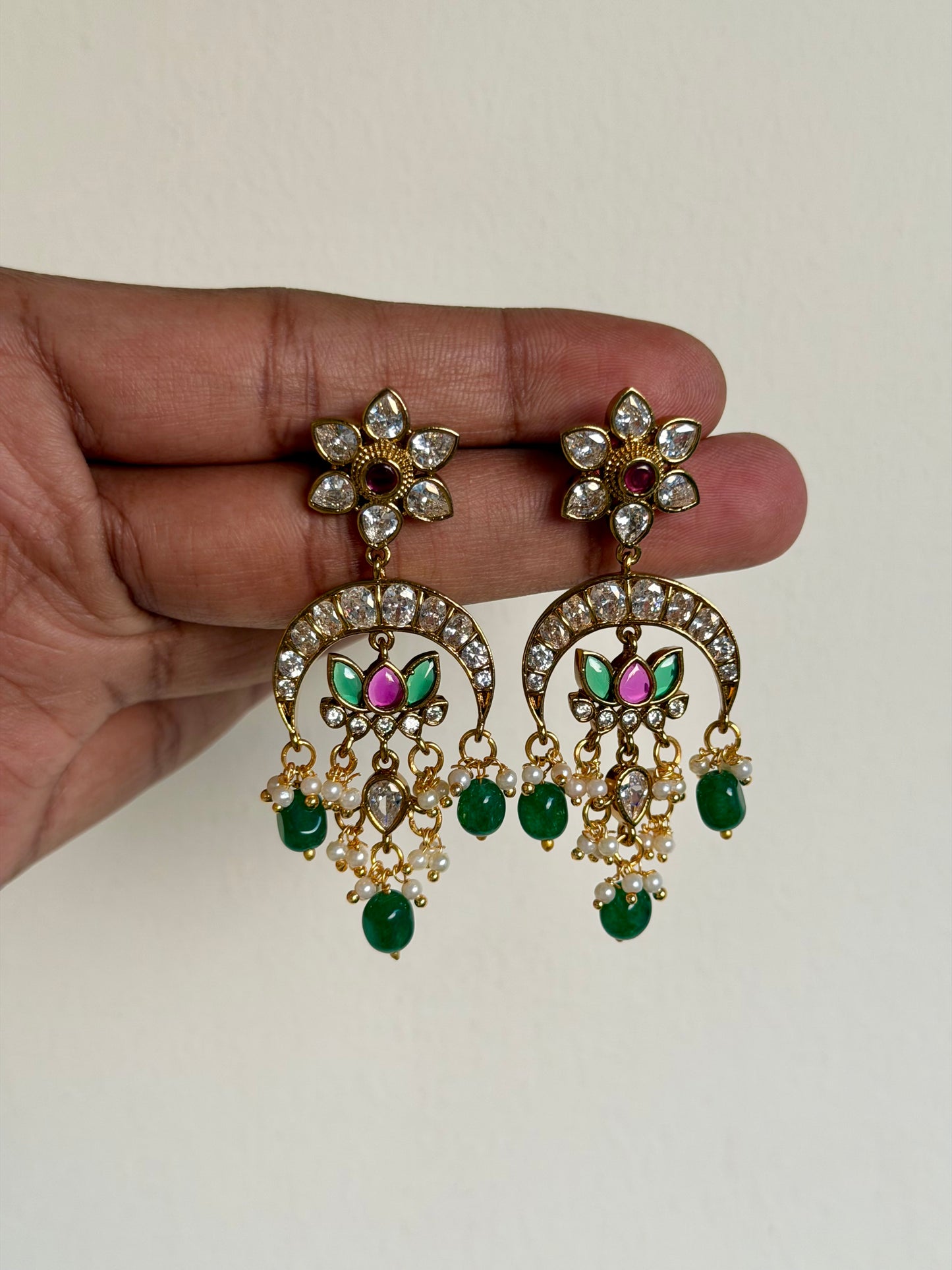 Traditional Chandbali Earrings with Emerald Green Beads & Pearls