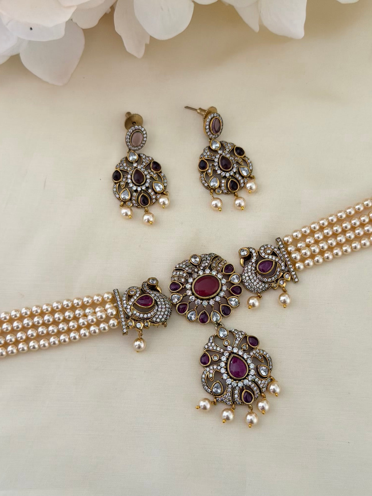 Victorian Peacock Pearl Choker Set with Ruby Stones and Pearl Drop Earrings