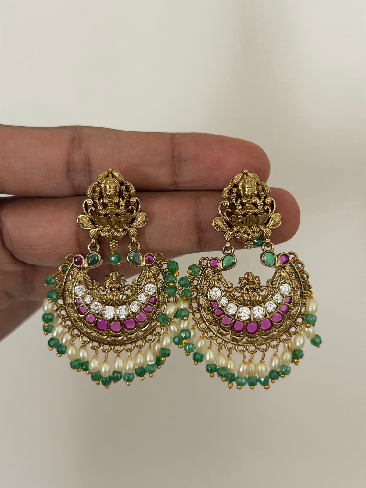 Lakshmi Chaandbali Earrings with Ruby CZ Crescent and Rice Pearl and Mint Green Bead Drops