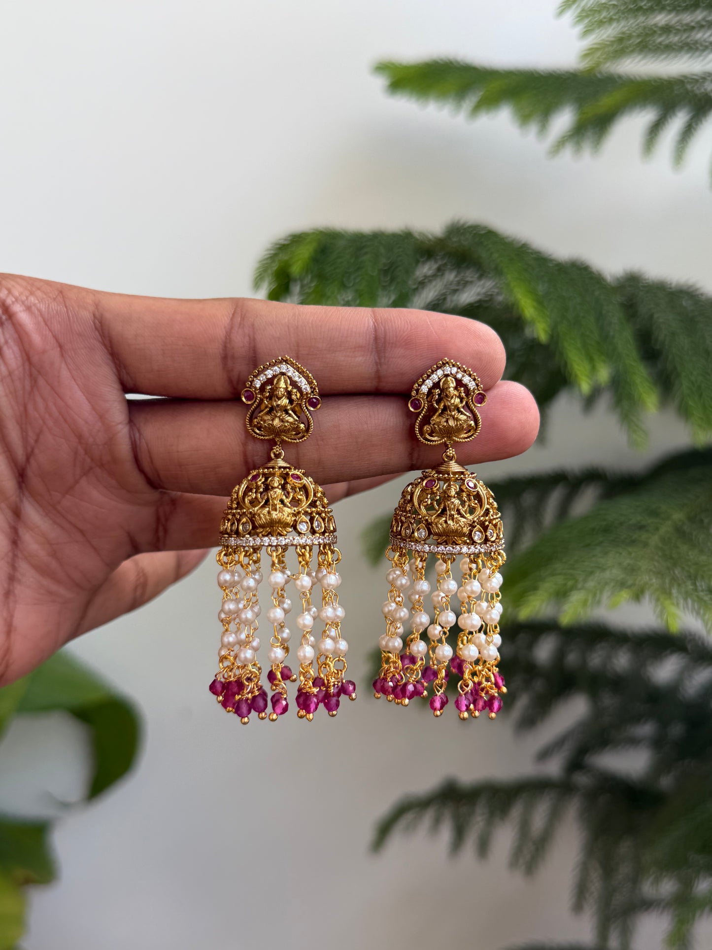 Antique Gold Lakshmi Temple Jhumkas with Pearl & Emerald Tassel Drops