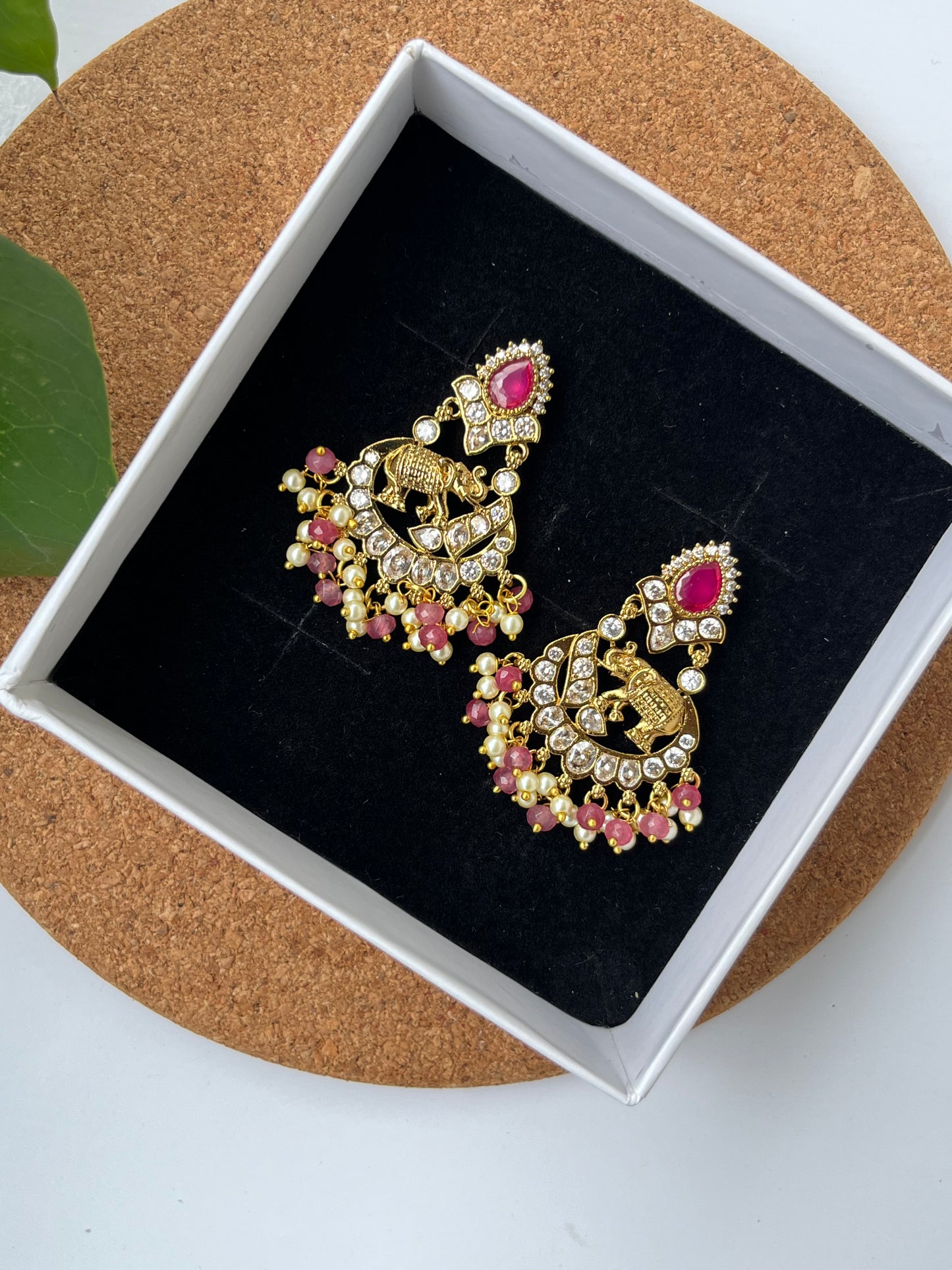 Studded Elephant Chaandbali Earrings - Pink and Mint