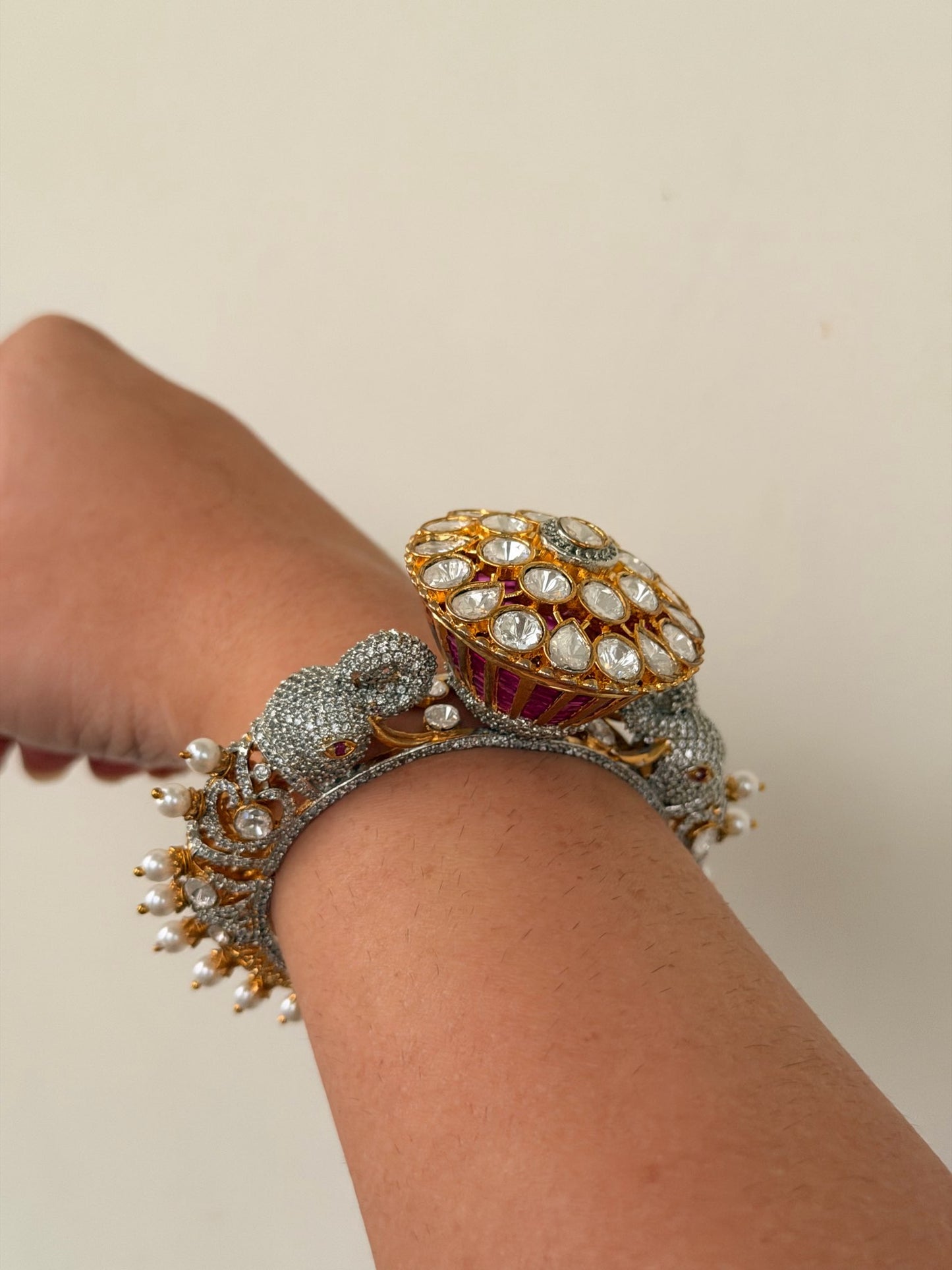 Elephant Motif Foil Back Kundan Kada with Pearl Drops
