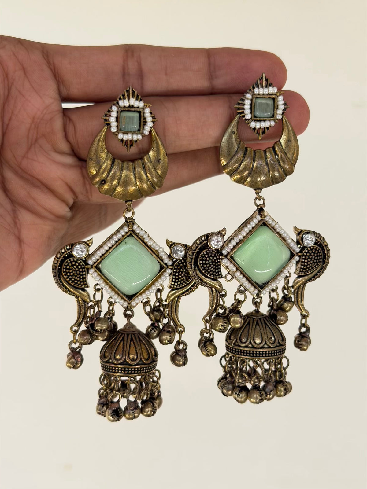 Peacock Jhumka Chaandbali Earrings with Diamond Stone and Ghungroo Tassels
