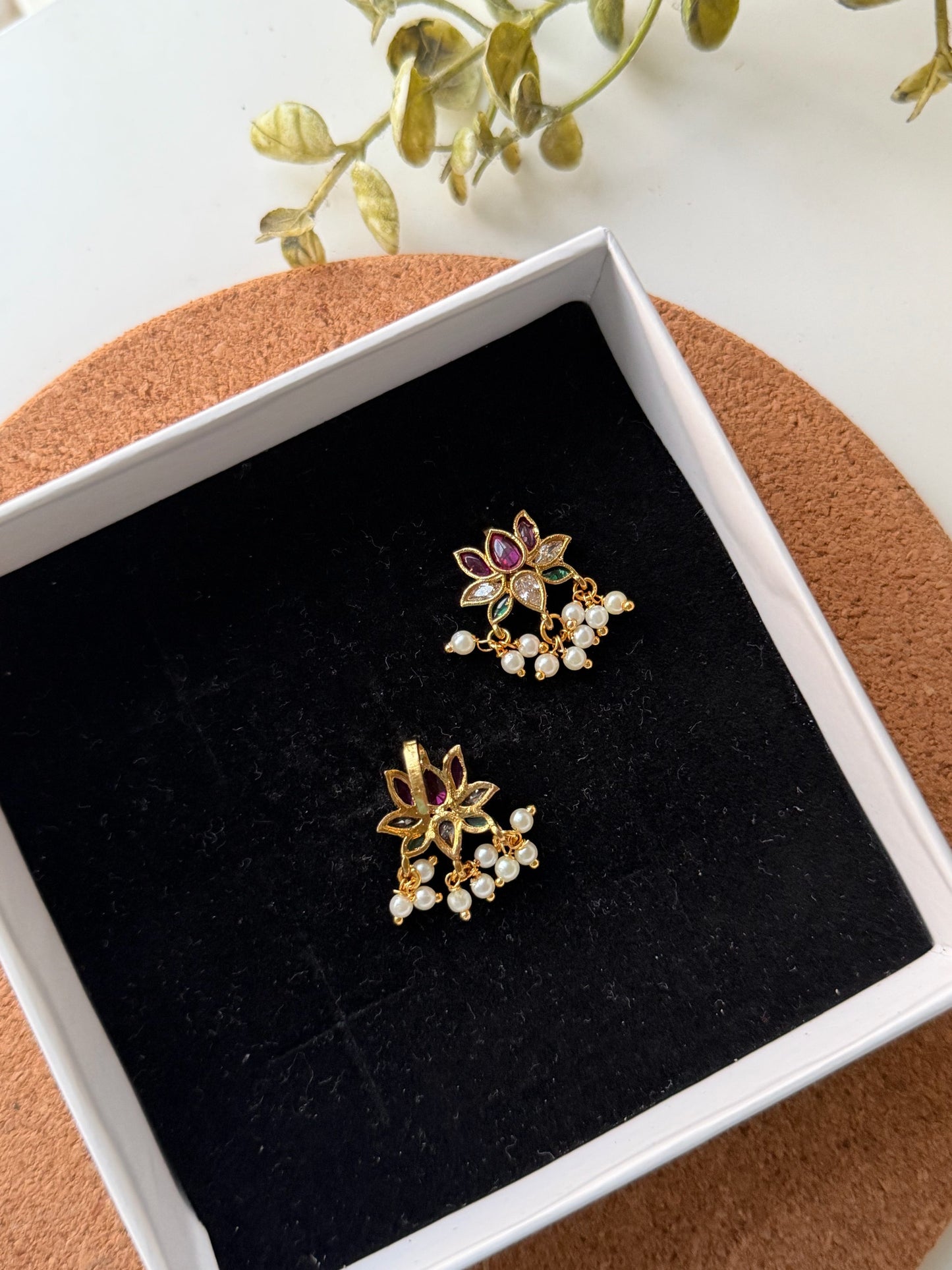Elegant Lotus Motif Bugadi with Ruby Accents and Pearl Fringe