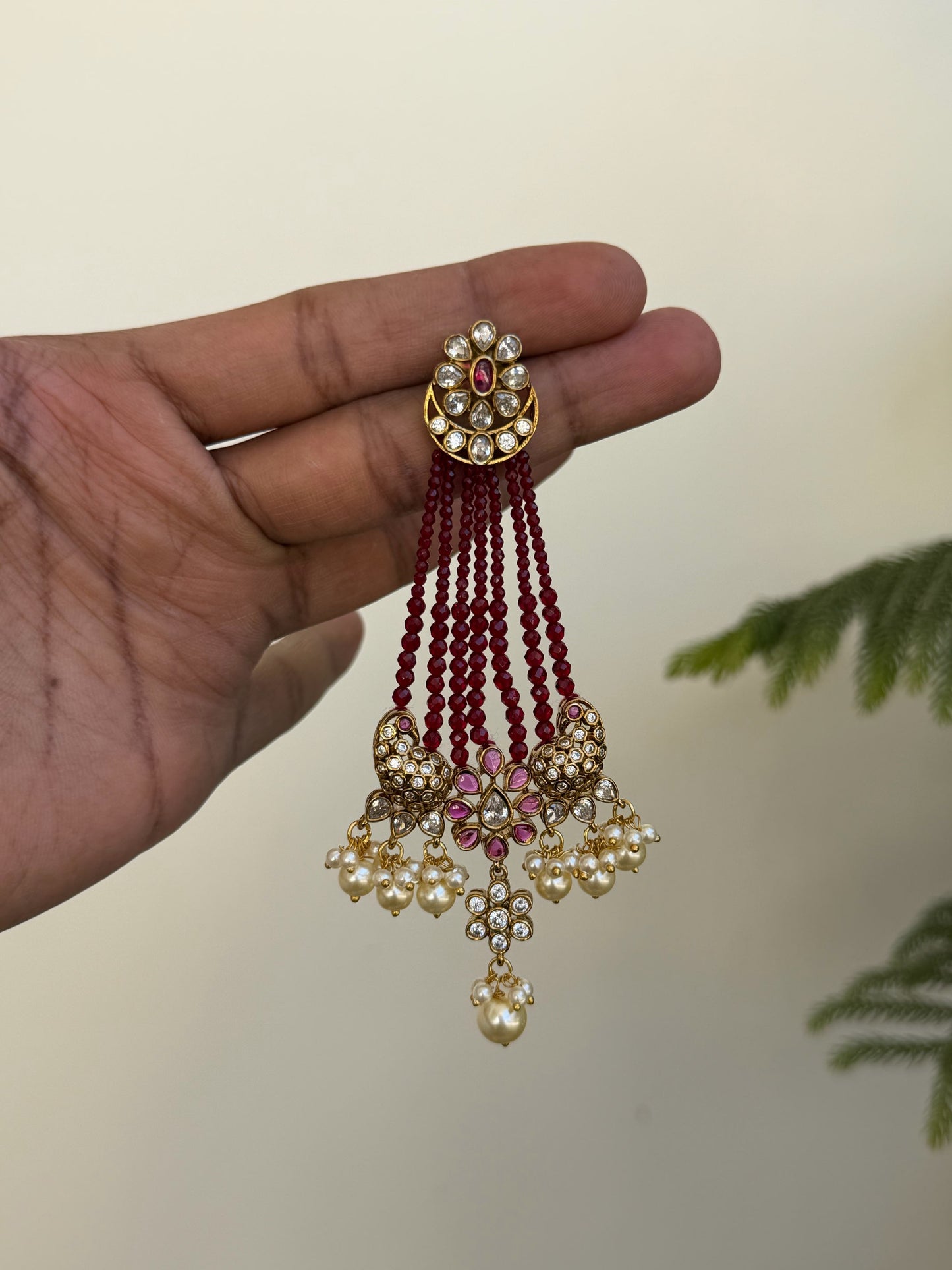 Long Emerald Green Bead Tiered Earrings with Peacock Motif and Pearl Drops