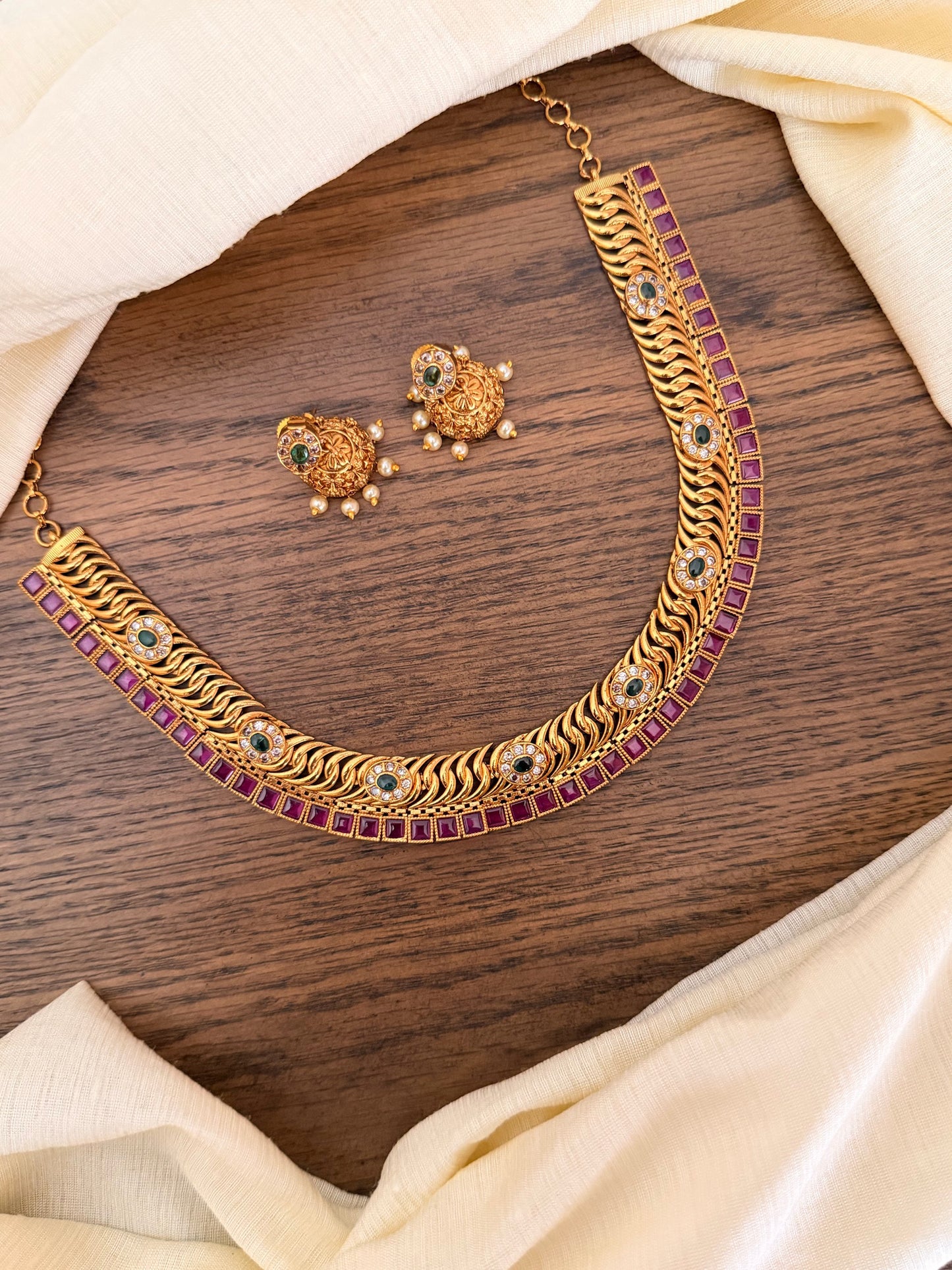 Traditional Jalebi Design Antique Gold Necklace Set with Ruby & Emerald Stones