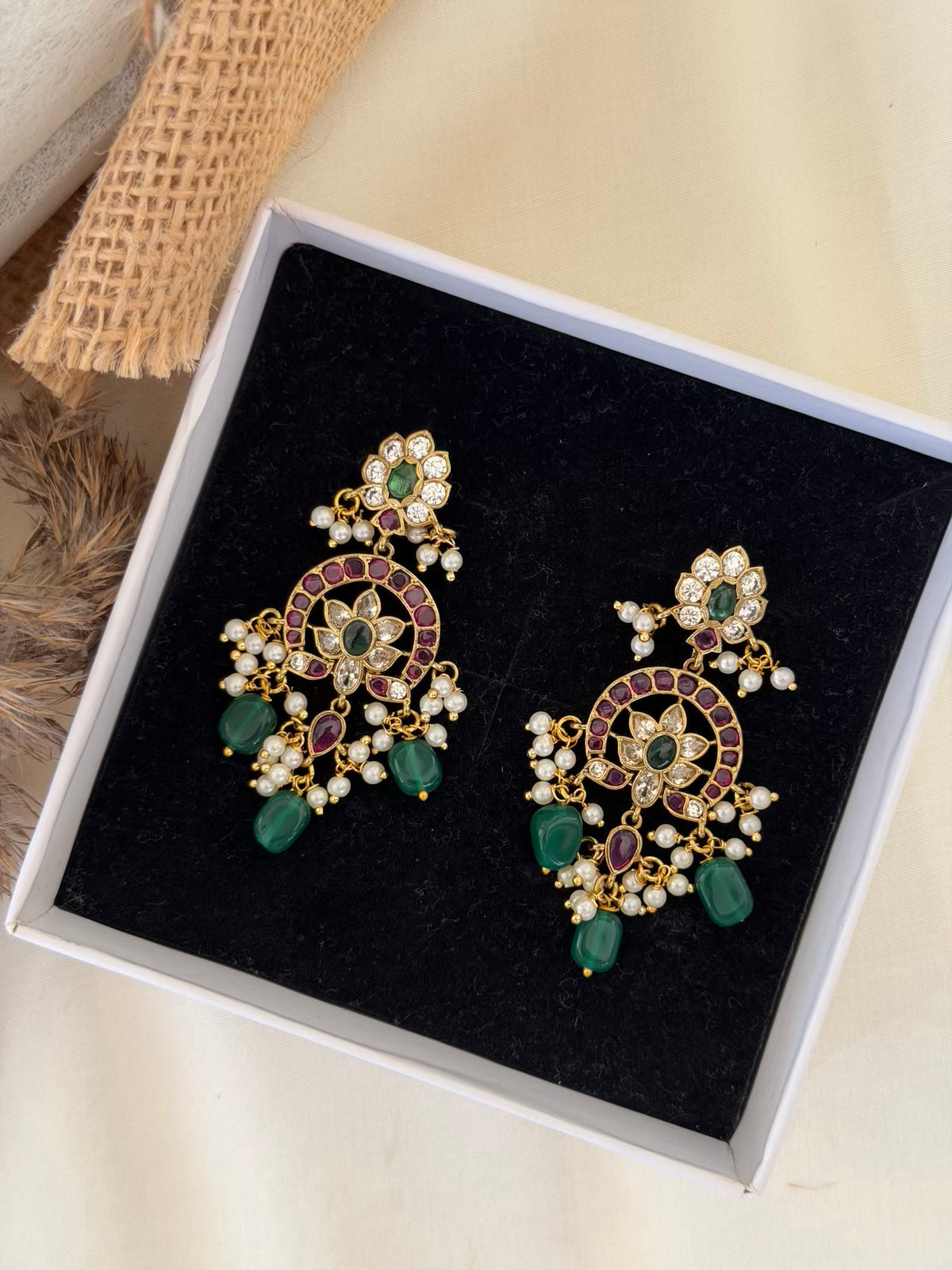 Lotus Arch Ruby Emerald Chaandbali Earrings with Green Bead Drops