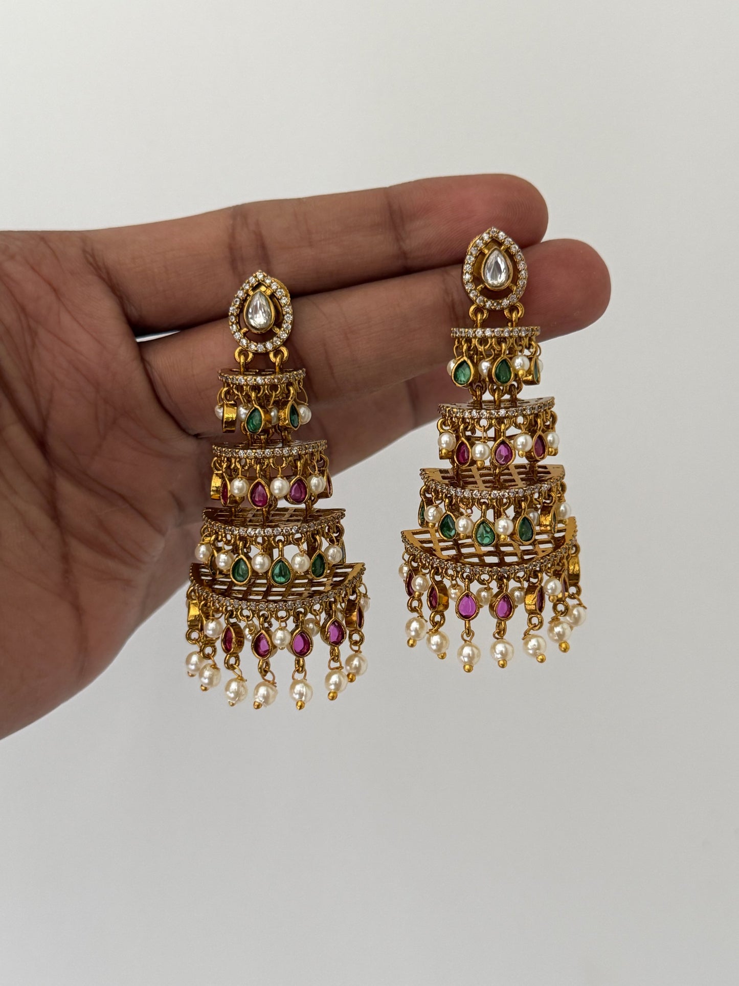Luxury Tiered Long AD Stone Earrings