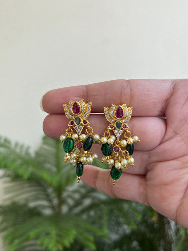 Lotus Hangings Earrings with pearls and green beads