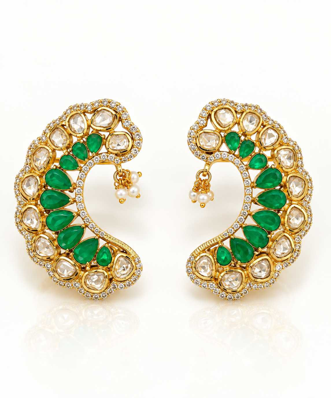 Kundan Polki Crescent Dangler Earrings with Pearl Drop