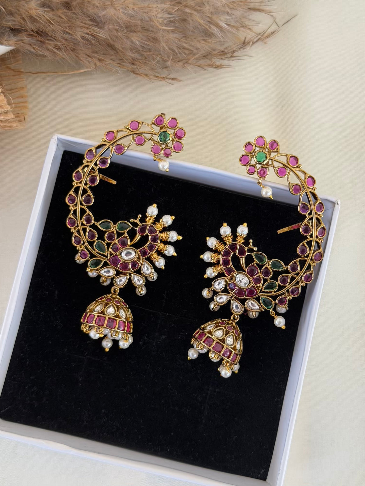 Ruby Kundan Crescent Jhumka Earrings with Peacock Motif