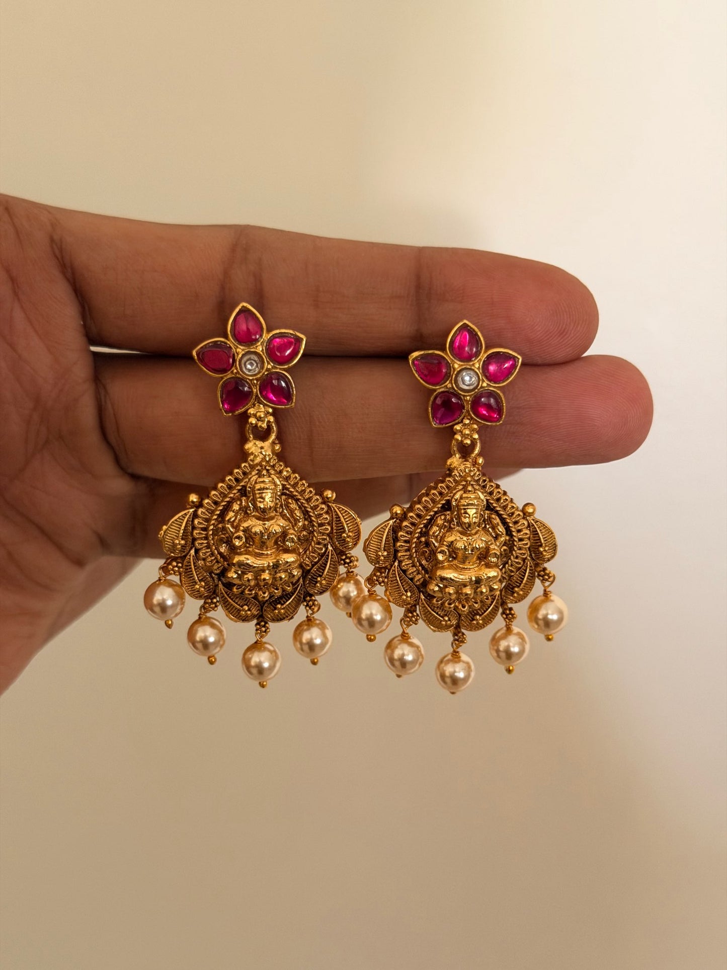 Gold Pink Stone Chandelier Drop Earrings