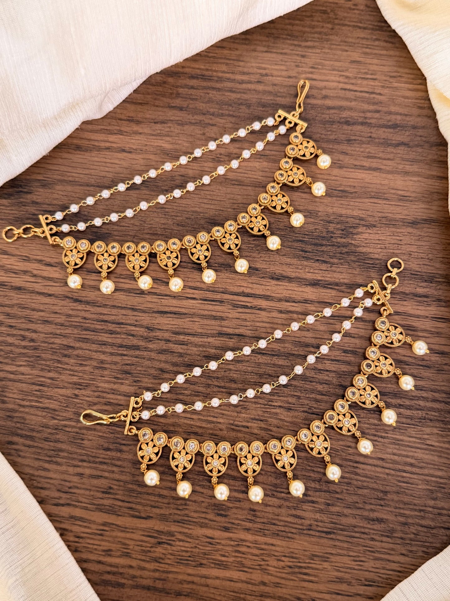 Temple Pearl Champa Swaralu (Ear Chain) – Antique Gold Finish