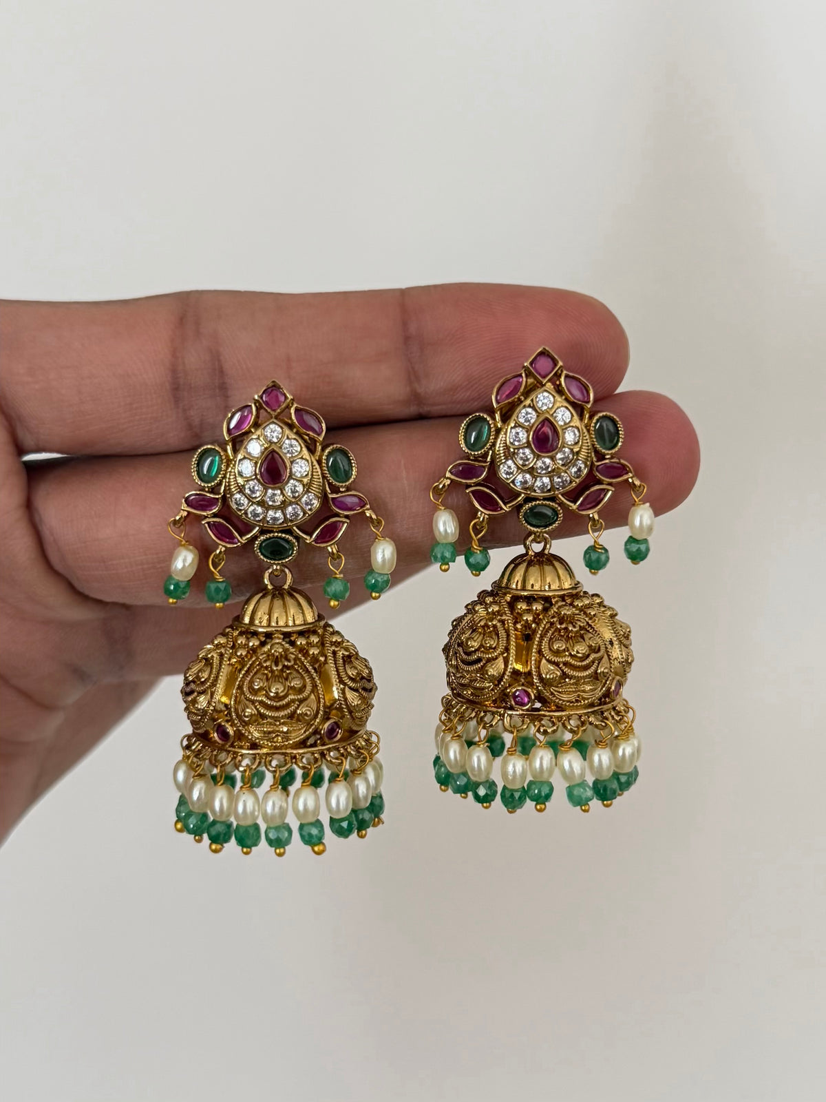 Nakshi Jhumka Earrings with Ruby Paisley Stud and Rice Pearl Drops